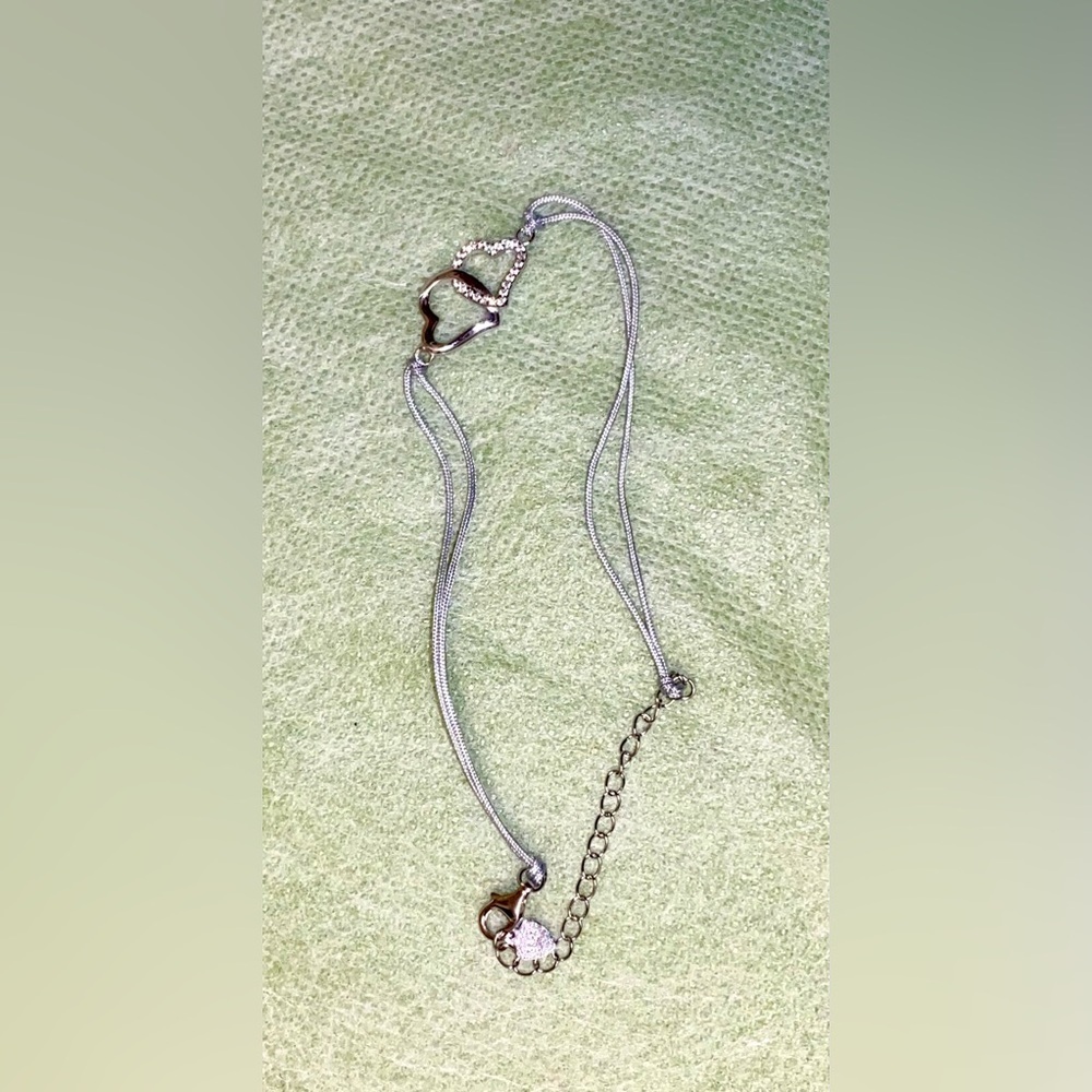 Silver 925 Heart Pendant Rope Bracelet with Crystal Accent